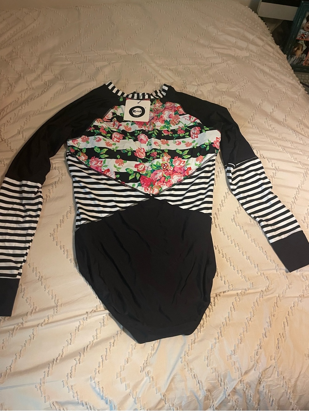 Rogue Black, White & Pink Floral Long-Sleeve Swim Bodysuit
